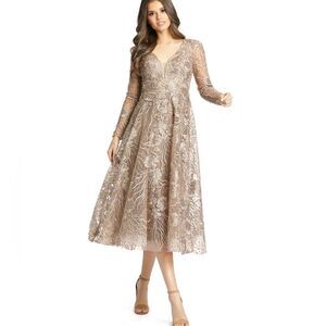 Mac Duggal Metallic Lace Midi Dress in Gold